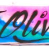 A close up of the name olivia written in spray paint.